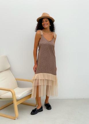 Brown polka dot maxi slip dress with beige tulle ruffles3 photo
