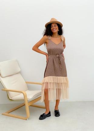 Brown polka dot maxi slip dress with beige tulle ruffles2 photo
