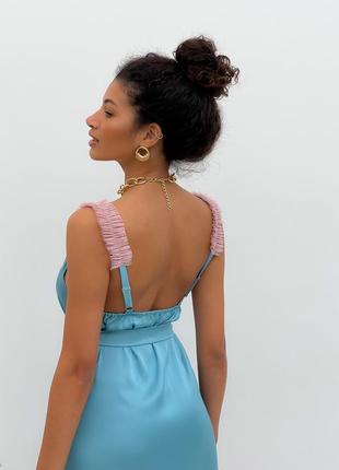 Dusty blue maxi slip dress with pink powder tulle ruffles4 photo