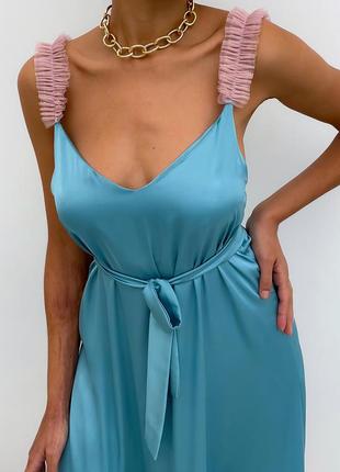 Dusty blue maxi slip dress with pink powder tulle ruffles6 photo
