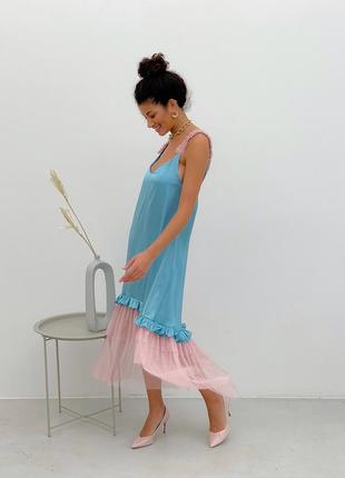 Dusty blue maxi slip dress with pink powder tulle ruffles3 photo