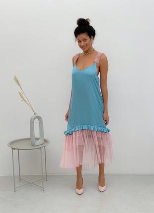 Dusty blue maxi slip dress with pink powder tulle ruffles5 photo