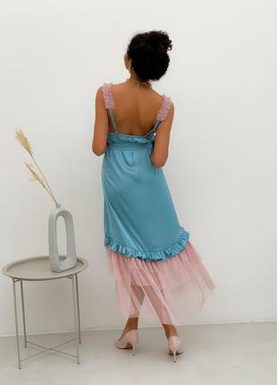 Dusty blue maxi slip dress with pink powder tulle ruffles2 photo