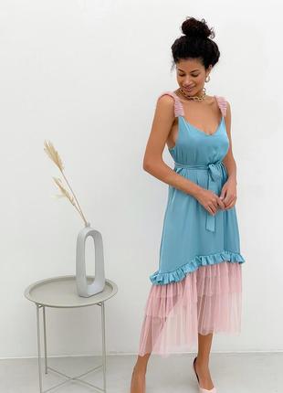 Dusty blue maxi slip dress with pink powder tulle ruffles7 photo