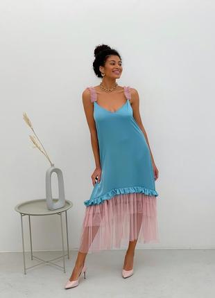 Dusty blue maxi slip dress with pink powder tulle ruffles9 photo