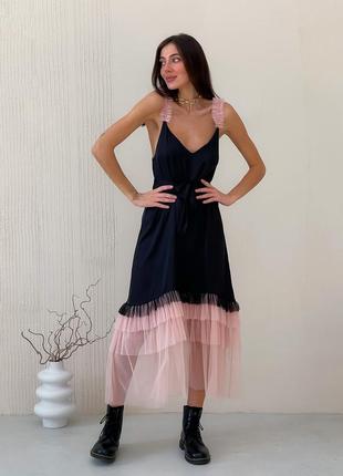 Black maxi slip dress with pink powder tulle ruffles3 photo