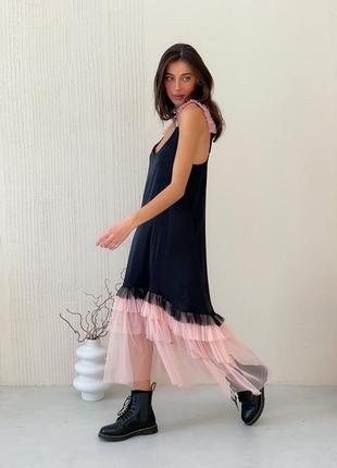 Black maxi slip dress with pink powder tulle ruffles5 photo