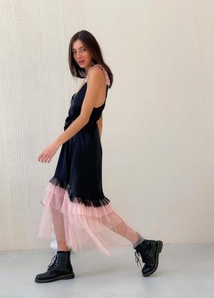 Black maxi slip dress with pink powder tulle ruffles10 photo