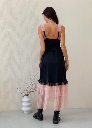 Black maxi slip dress with pink powder tulle ruffles6 photo