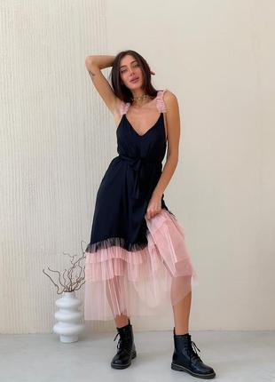 Black maxi slip dress with pink powder tulle ruffles7 photo