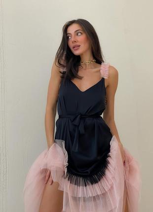 Black maxi slip dress with pink powder tulle ruffles1 photo