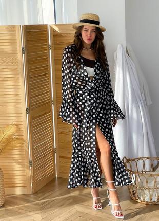 Beach chiffon long cover up with frills One Size black and white polka dot8 photo
