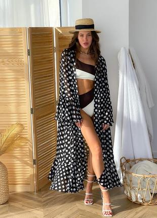 Beach chiffon long cover up with frills One Size black and white polka dot10 photo