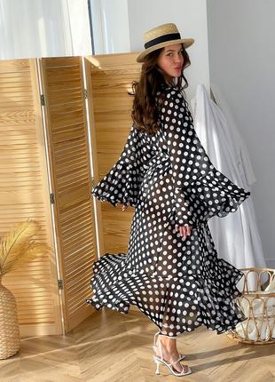 Beach chiffon long cover up with frills One Size black and white polka dot5 photo
