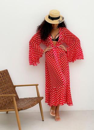 Beach chiffon long cover up with frills One Size red and white polka dot4 photo
