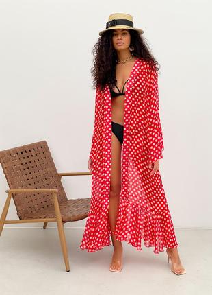 Beach chiffon long cover up with frills One Size red and white polka dot6 photo