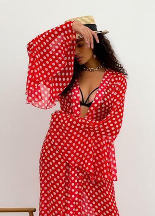 Beach chiffon long cover up with frills One Size red and white polka dot5 photo
