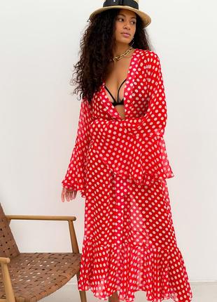 Beach chiffon long cover up with frills One Size red and white polka dot3 photo