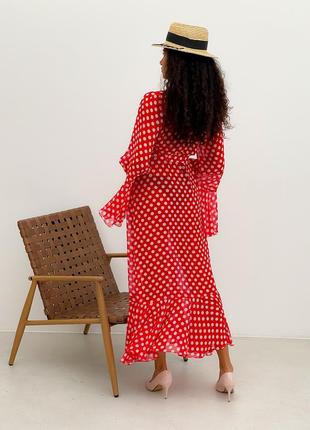 Beach chiffon long cover up with frills One Size red and white polka dot8 photo