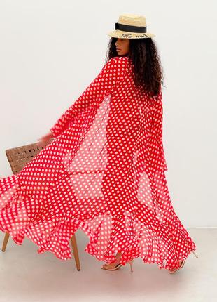 Beach chiffon long cover up with frills One Size red and white polka dot2 photo