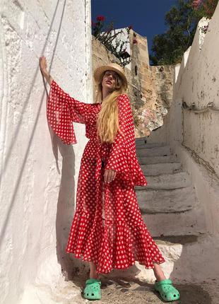 Beach chiffon long cover up with frills One Size red and white polka dot10 photo