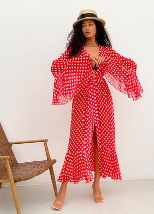 Beach chiffon long cover up with frills One Size red and white polka dot