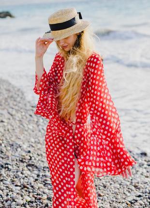 Beach chiffon long cover up with frills One Size red and white polka dot9 photo