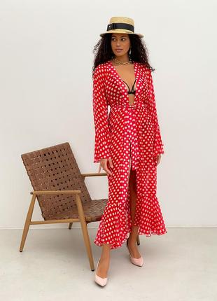 Beach chiffon long cover up with frills One Size red and white polka dot7 photo