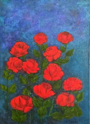Red rose flower oil painting on canvas. Red roses bouquet images.