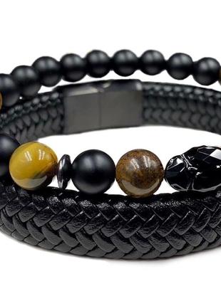 Set of leather bracelets with black clasp and shugit with tiger's eye and Swarovski crystal (12058)4 photo