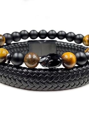 Set of leather bracelets with black clasp and shugit with tiger's eye and Swarovski crystal (12058)3 photo