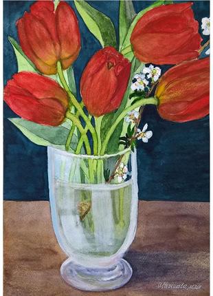 Red tulips in watercolor. Original painting. Still life with tulips