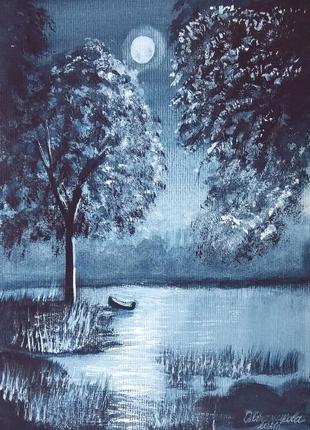 Watercolor painting of a lake with a moonlit path. night landscape