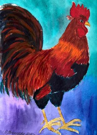 Portrait of a Rooster. Still life in watercolor with Rooster
