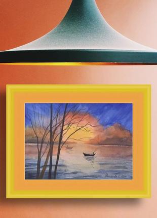 Watercolor painting of a lake with fishermen. Sunrise over the lake.