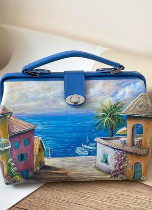 Blue leather bag in style Doctor Bag