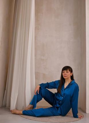 Classic silk long pajama set. Teal blue silk loungewear set.3 photo