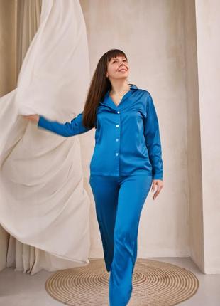 Classic silk long pajama set. Teal blue silk loungewear set.1 photo