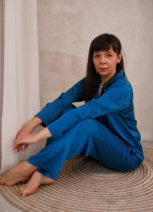 Classic silk long pajama set. Teal blue silk loungewear set.2 photo