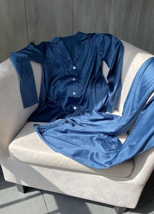 Classic silk long pajama set. Teal blue silk loungewear set.4 photo