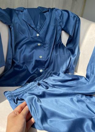 Classic silk long pajama set. Teal blue silk loungewear set.5 photo