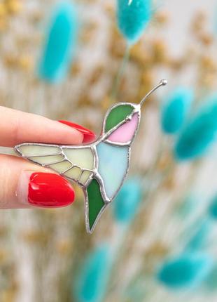 Green hummingbird stained glass pin4 photo