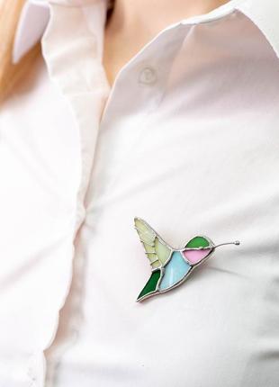 Green hummingbird stained glass pin5 photo