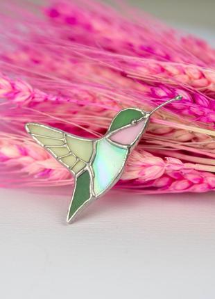 Green hummingbird stained glass pin6 photo