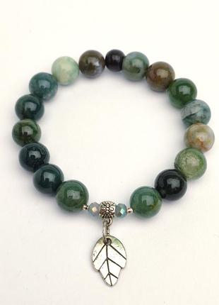 Green bracelet with natural stones and pendant "Leaf"3 photo