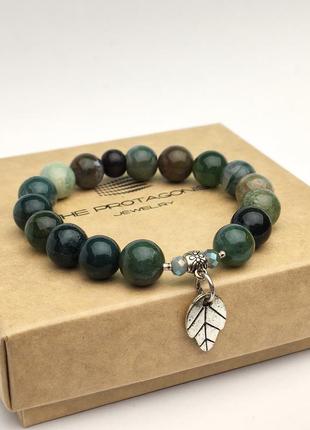 Green bracelet with natural stones and pendant "Leaf"2 photo