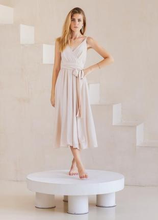 Elegant silk beige midi dress with shoulder straps with a slit3 photo