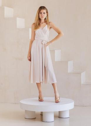 Elegant silk beige midi dress with shoulder straps with a slit4 photo