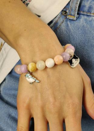 Bracelet with natural stone - Morganite and pendant "Kitty and bird"