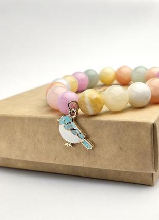 Bracelet with natural stone - Morganite and pendant "Kitty and bird"5 photo